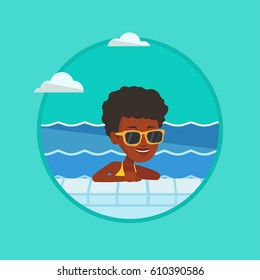 Woman relaxing in swimming pool at resort. Woman bathing in swimming pool. Woman swimming and relaxing in pool on summer vacation. Vector flat design illustration in the circle isolated on background.