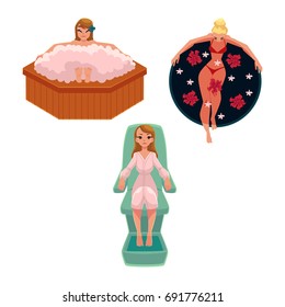 Woman relaxing, taking bath in spa salon - foot, foam, outdoor, cartoon vector illustration on white background. Woman taking foam, foot and outdoor bath in spa salon, stress relieving procedure