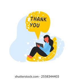 Woman Relaxing with Thank You Speech Bubble