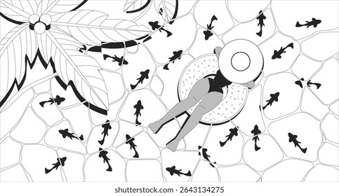 Woman relaxing in tropical coastline water lofi illustration outline. Summer chill. Sunhat lofi girl floating in donut swim ring 2D ink linear flat lo fi drawing. Vector line art aesthetic wallpaper