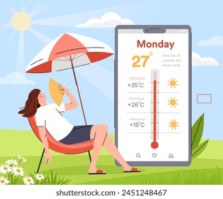 A woman relaxing under an umbrella, checking the weather on a giant smartphone, sunny outdoor background, concept of technology in daily life. Flat vector illustration