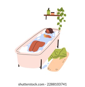 Woman relaxing in water in bathtub. Young adult girl taking bath with foam and duck toy. Person resting at home bathroom, lying, chilling in tub. Flat vector illustration isolated on white background