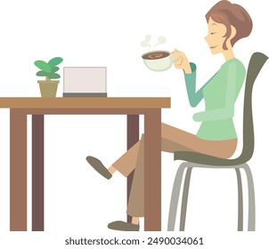 A woman relaxing while drinking coffee elegantly