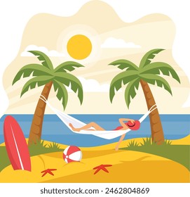 woman relaxing in wicker hammock holding hat concept, Girl enjoying sunset light at sandy beach vector design, Nature landscape postcard, Scenic Summer Season Vibes Sign, Idyllic Remote illustration