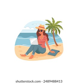 Woman Relaxing and Working on Beach. Vector illustration design