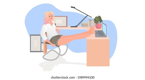 woman relaxing at workplace with legs on table happy businesswoman or student resting after work