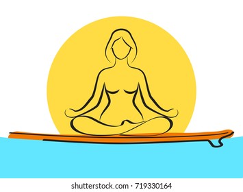 Woman relaxing in yoga pose on paddle board on water. Stand up paddle yoga workout.