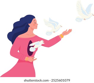 Mujer Autorización palomas. Concepto de color de amor y paz aislado sobre fondo blanco