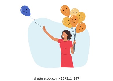 Woman releasing negative emotions in form of balloon with sad grimace to take care of psychological wellbeing. Girl with good psychological health strives to get rid of stress and depression