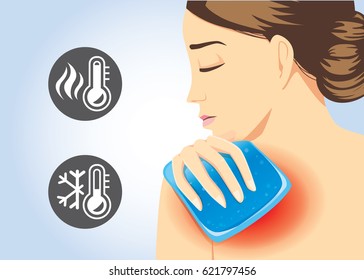 Woman Relief Of Shoulder Pain With Cold And Hot Pack Gel. Illustration About First Aid Equipment.