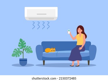 Woman remote control air conditioner in living room in flat design.