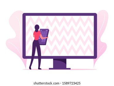 Woman with Remote Control Trying to Set Up Tv Programs. Digital Cable Service, Satellite and Global Wireless Connection, Dvd Center Player, Female User and Technics. Cartoon Flat Vector Illustration