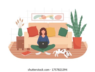 Woman and remote working in cozy living room vector illustration. Adult with laptop sitting on carpet near pet flat style. Job from any place concept. Isolated on white background