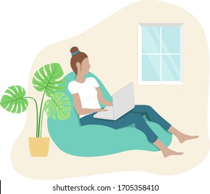 Woman remote working from home in office beanbag chair. Relaxing freelance designer, developer work flat style vector