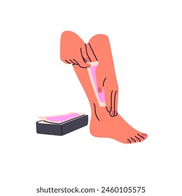 Woman removal unwanted body hairs on legs with waxing strips. Girl does depilation on feet, cares about her self. Beauty procedure in spa salon. Flat isolated vector illustration on white background