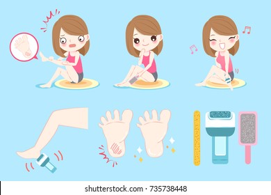 woman with remove foot skin on the blue background