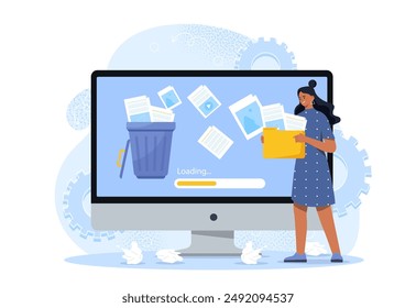 Woman removing data files. Young girl deletes folders from her computer. Free space in storage or archive. Businesswoman with file management. Flat vector illustration isolated on white background