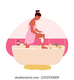 Woman removing hair, infographic presentation vector illustration. Cartoon isolated bathroom scene with girl in bath towel applying depilatory cream to remove hair on legs, beauty care of body skin