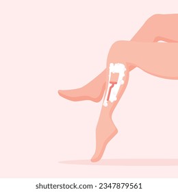 Woman removing hair from legs. Shaving with razor. Epilation advertisement poster. Vector female hairy legs.