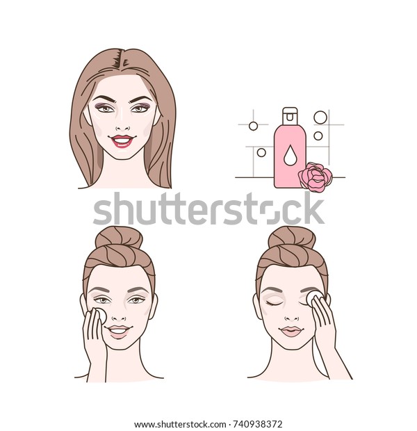 Woman removing make up with\
lotion. Line style vector illustration isolated on white\
background.