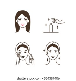 Woman removing make up with lotion. Vector illustration.