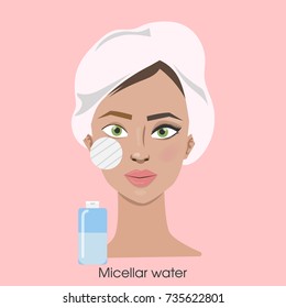 Woman removing make up with sponge and micellar water.