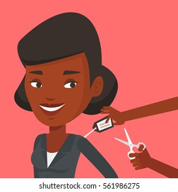 Woman removing price tag off new t-shirt. African-american woman cutting price tag off new clothes with scissors. Happy woman shopping at clothes store. Vector flat design illustration. Square layout.