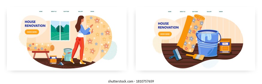 Woman repair room and putting new wallpapers at home. House renovation concept illustration. Vector web site design template. Wallpaper roll, paintbrush, bucket of glue