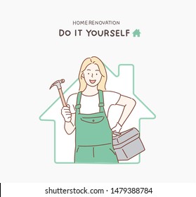 Woman with repair tools in hand. Hand drawn style vector design illustrations.