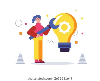 Mulher consertando o lightblub, tentando encontrar ideias criativas. Personagem de design. Ilustração em plano vetorial