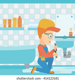 Woman repairing sink.