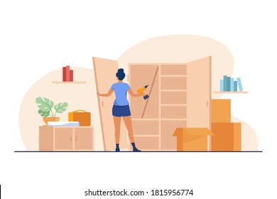 Woman repairing wardrobe with hand drill. Door, wood, assembly flat vector illustration. Furniture and renovation concept for banner, website design or landing web page