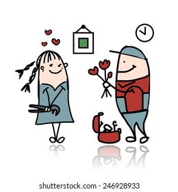 Woman and repairman, sketch for your design. Vector illustration