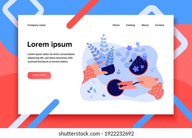 Woman replanting houseplants. Hands of person holding plant and shovel, digging up soil in pot. Vector illustration for florist job, home plants care, interior decoration concept