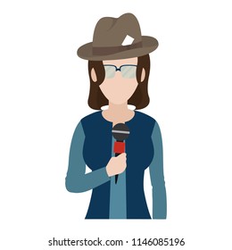 woman reporter with hat and microphone object