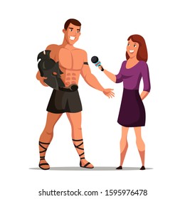 Woman reporter interviewing celebrity actor wearing romans warrior costume. Journalist with microphones. Famous person cartoon character. Movie making. Reportage. Vector flat cartoon illustration