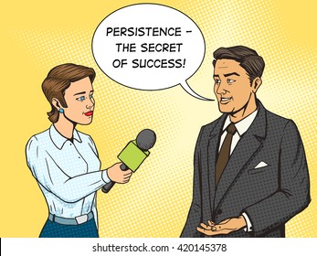 Woman reporter interviewing a man cartoon pop art vector illustration. Human comic book vintage retro style. 