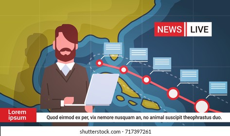 Woman Reporter Leading Life News About Hurricane Weather Broadcast Storm Or Tornado Image Coming To Usa Coast Concept Vector Illustration