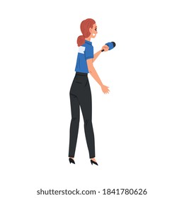 Woman Reporter with Microphone Interviewing Somebody, Television Industry Concept Cartoon Style Vector Illustration