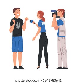 Woman Reporter with Microphone Interviewing Young Man, Cameraman Shooting with Video Camera, Television Industry Concept Cartoon Style Vector Illustration