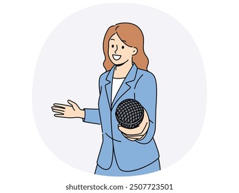 Woman reporter with microphone wants to take interview and asks questions of interlocutor by bringing mike to screen. Girl holds microphone in hand offering you to share opinion on current events.