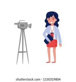 Woman reporter standing in front of camcorder. Professional journalist at work. Flat vector design