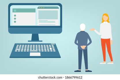 A woman reporting to an elderly man next to a computer monitor