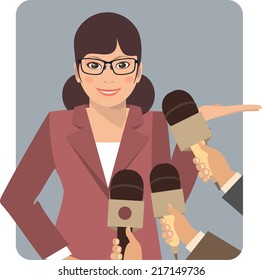 Woman representative providing interviews to several reporters in a flat style 