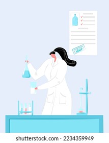 Woman research fellow study chemical element, female character work with laboratory flask flat vector illustration, isolated on white.