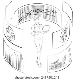 Woman researching information from reports and surveys. Business concept. Sketch. Vector illustration.