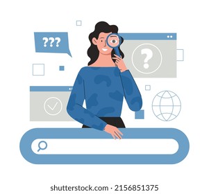 Woman researching information. Young girl with magnifying glass evaluates given. Metaphor of employee of analytical department or student. Education or exploration. Cartoon flat vector illustration