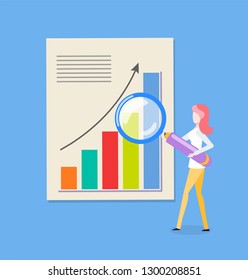 Woman reserching diagram, chart with rising up arrow. Female holding magnifier, growth pointer on slide. Person with loupe near statistics page vector