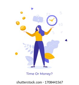 Woman resolving dilemma, making decision or choosing between two options or alternatives, clock and dollar coins. Concept of time or money, work-life balance. Modern flat colorful vector illustration. svg