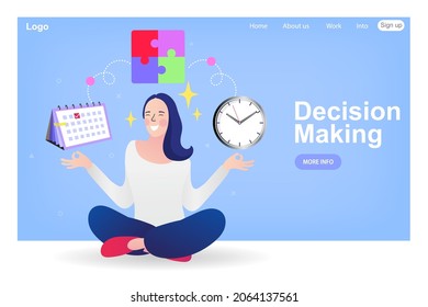 Mujer resolviendo, tomando decisiones. reloj, calendario y rompecabezas. equilibrio trabajo-vida. Administración de tiempo, trabajo en equipo, gestión de trabajo. Ilustración vectorial moderna de color plano.